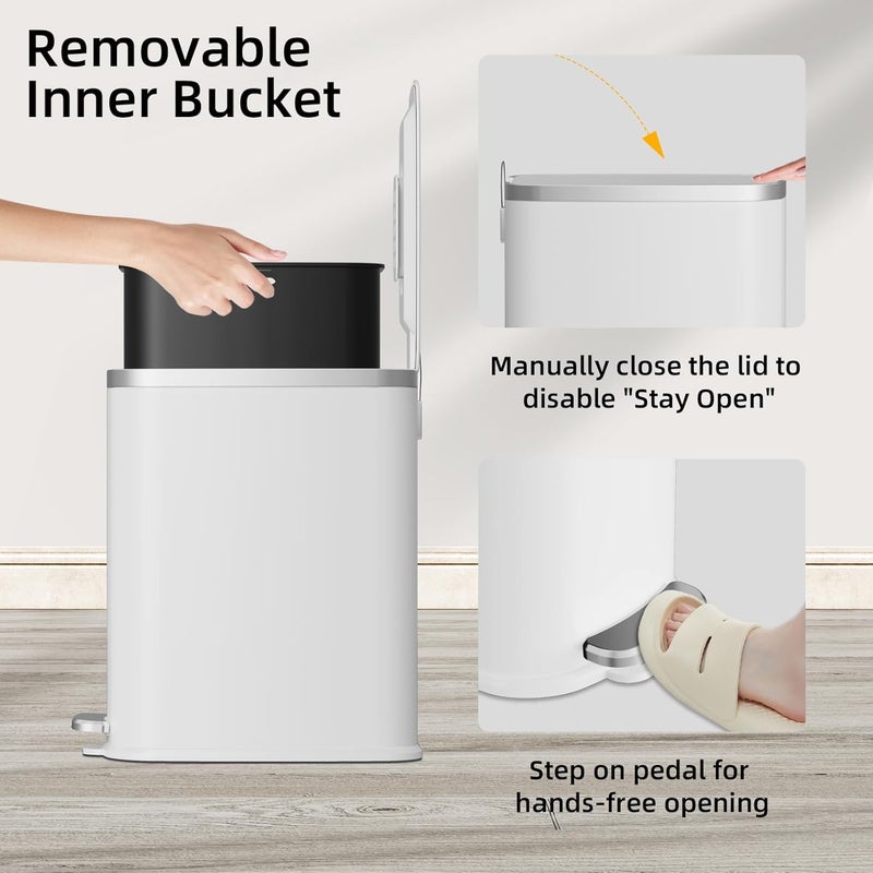 KUK Slim Bathroom Trash Can with Lid Soft Close, Step Pedal, 2.6 Gal/ 10L Stainless Steel Garbage Can with Removable Inner Bucket, Anti-Fingerprint Wastebasket for Office, Bedroom, Toilet (White) - Image 5